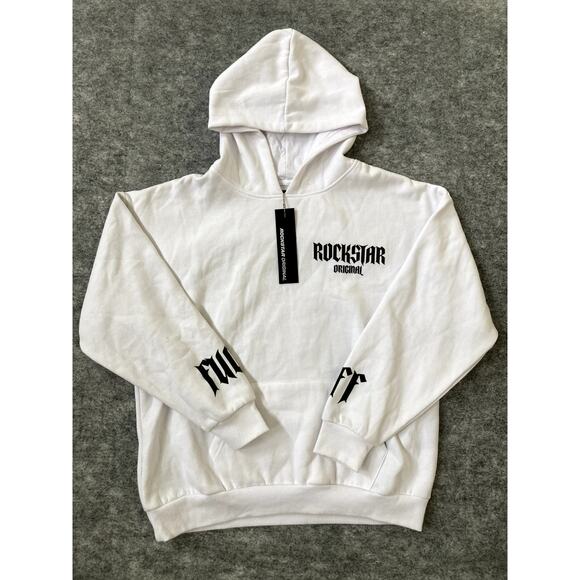 Rockstar white hoodie mens alternative skater curse words small indie NWT - Picture 1 of 12